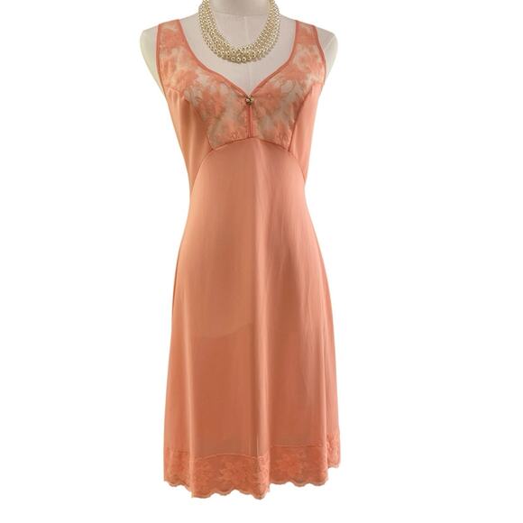 Vintage 60s Huber Romantic Pinup Peach Soft Nylon Lacy Full Slip Dress Size S/M - Picture 3 of 14